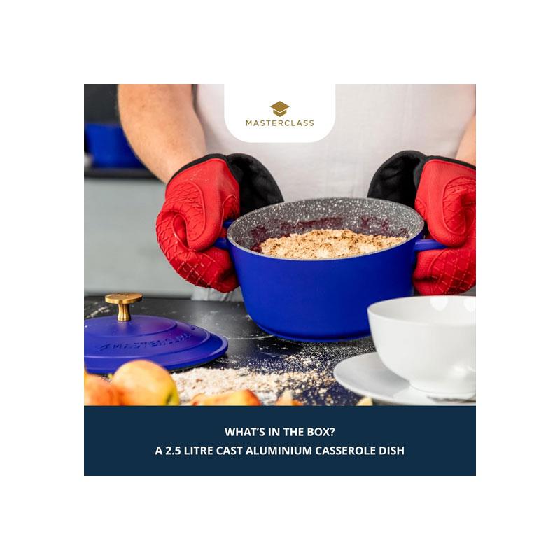 MasterClass Casserole Dish 2.5 Litres/20cm Cast Aluminium Self Basting Lid Round Small Blue