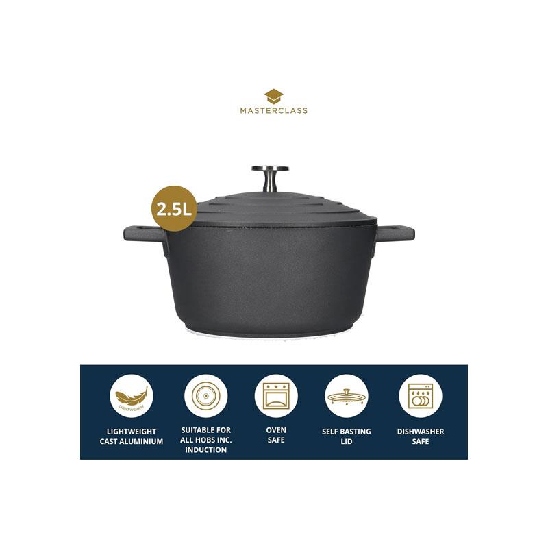 MasterClass Casserole Dish 20cm 2.5 Litres With Self-Basting Lid Cast Aluminium Black