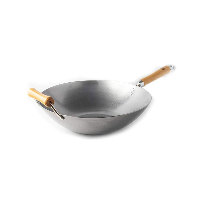 School of Wok 14 Inch/36cm Wok Heavy Duty Carbon Steel Flat Bottom Bamboo Handle Silver