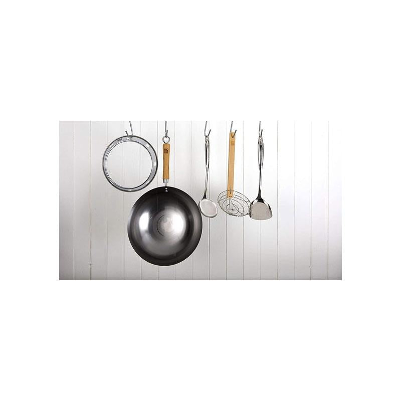 School of Wok 14 Inch/36cm Wok Heavy Duty Carbon Steel Flat Bottom Bamboo Handle Silver