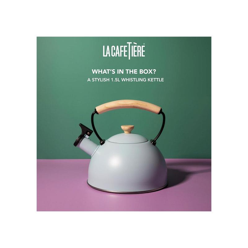 La Cafetiere Whistling Kettle Stainless Steel Heat Resistant Wooden Handle 1.6 Litres Sky Blue