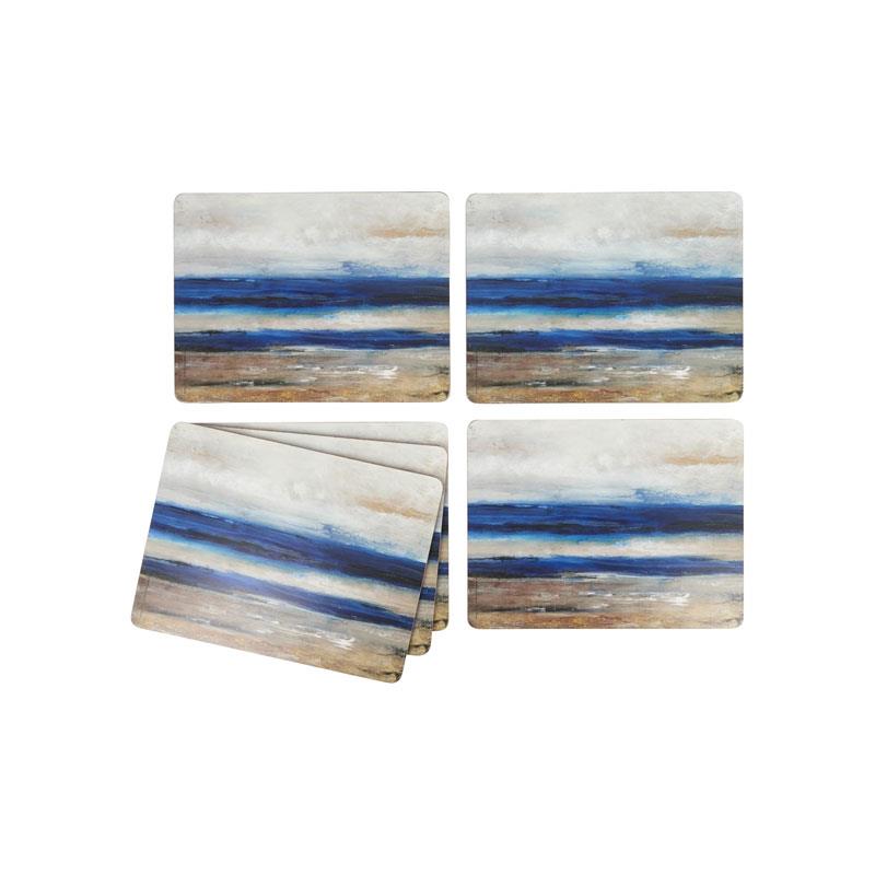 Creative Tops Premium Wooden Placemats And Coasters Abstract Ocean Cork Backed Table Mats Set of 4 Blue/Grey Main image