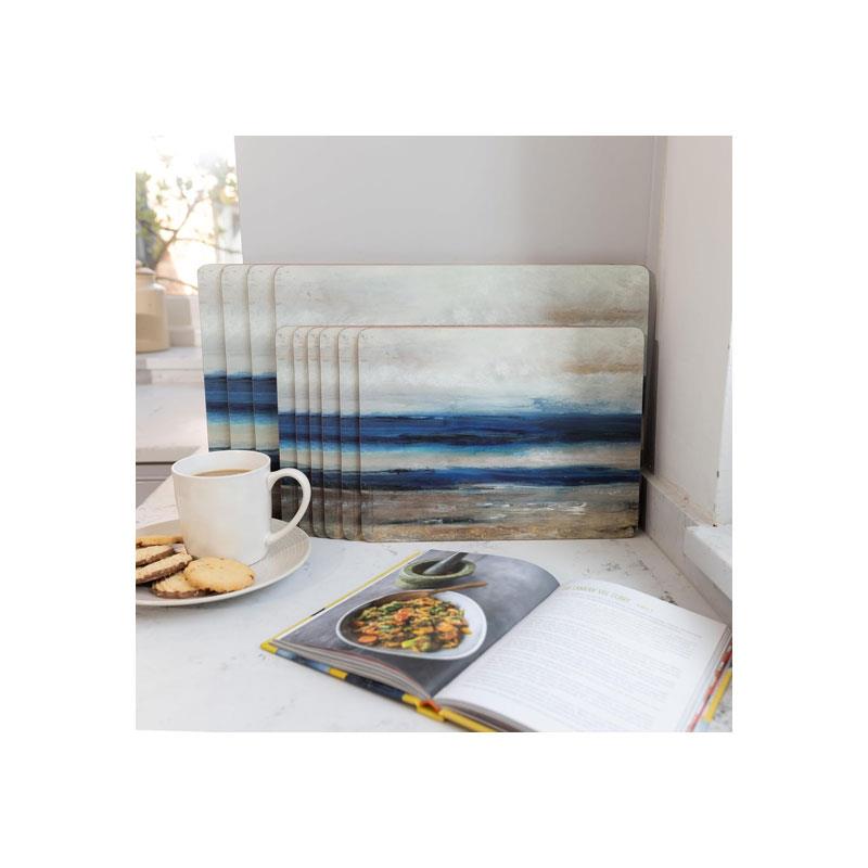 Creative Tops Premium Wooden Placemats And Coasters Abstract Ocean Cork Backed Table Mats Set of 4 Blue/Grey Secondary image
