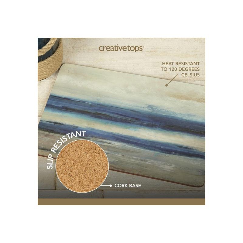 Creative Tops Premium Wooden Placemats And Coasters Abstract Ocean Cork Backed Table Mats Set of 4 Blue/Grey