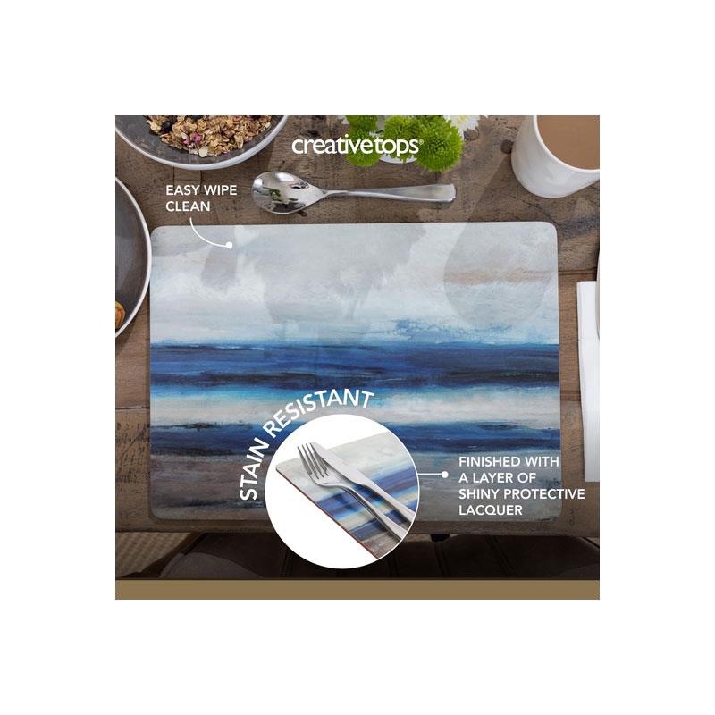 Creative Tops Premium Wooden Placemats And Coasters Abstract Ocean Cork Backed Table Mats Set of 4 Blue/Grey