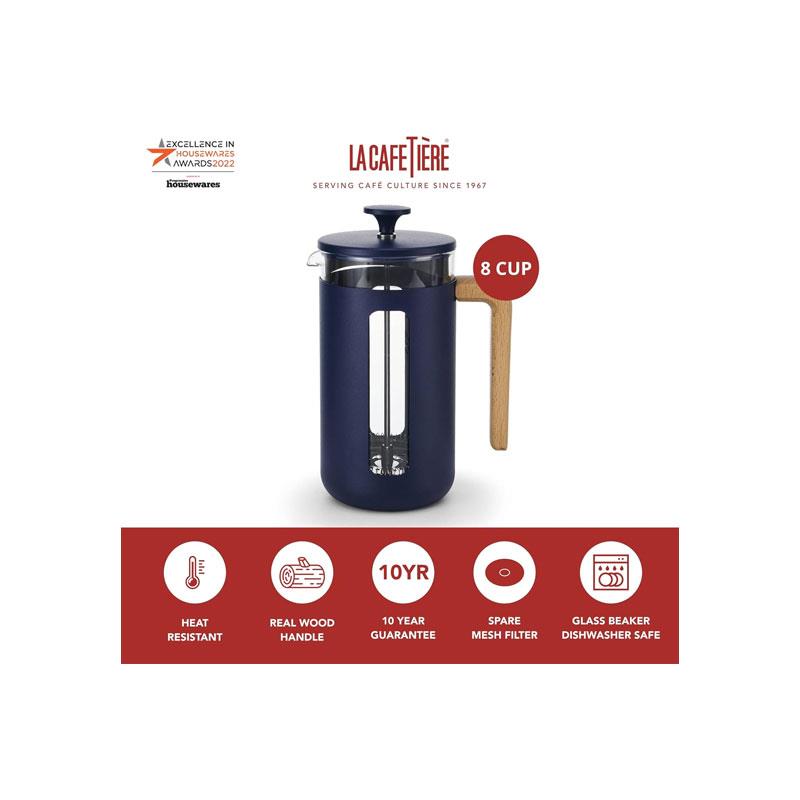 La Cafetiere Pisa 8-Cup Cafetiere French Presses Coffee Maker Borosilicate Glass Stainless Steel Navy