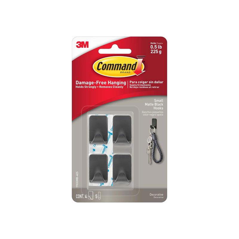 3M Command Small Metallic Hook 4 Hooks 225g Weight Capacity Black