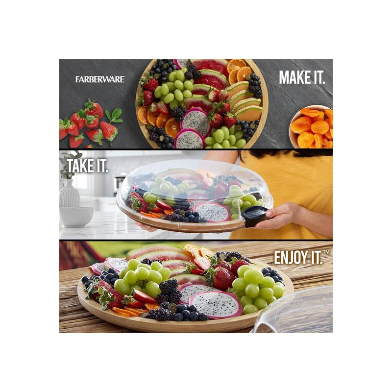 Farberware Build-A-Board Bamboo Round Snack Serving Board 35.5cm Clear Locking Lid Wood