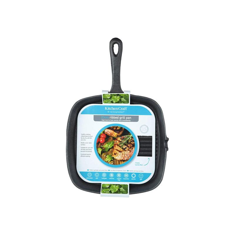 KitchenCraft Square Grill Pan 23cm Cast Iron Griddle Pan Black