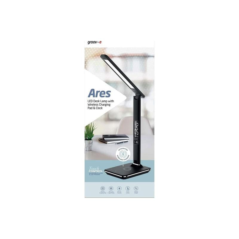 Groov-e Ares Desk LED Lamp With Wireless Charging Pad & Clock Black