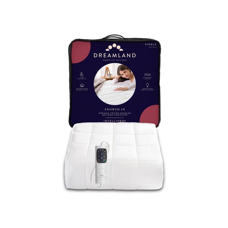 Dreamland Snowed In Organic Cotton Warming Mattress Protector Single 6 Heat Settings With Timer Detachable Controllers Machine Washable 190 x 90cm White