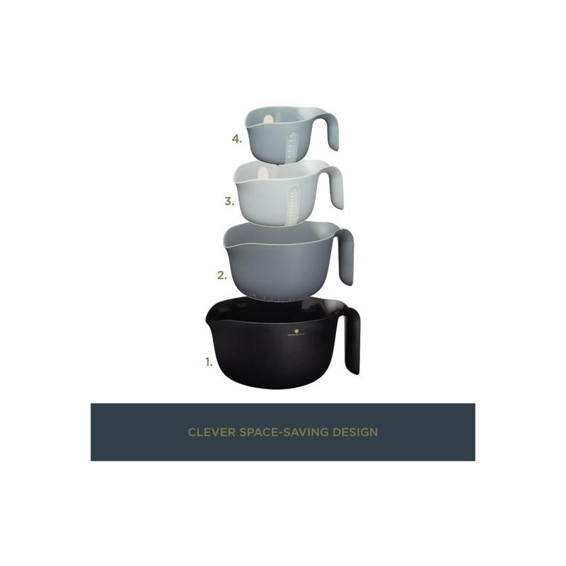 MasterClass Smart Space Stackable Mixing Bowl Set With Colander And Measuring Jug Plastic 4 Piece Set Black