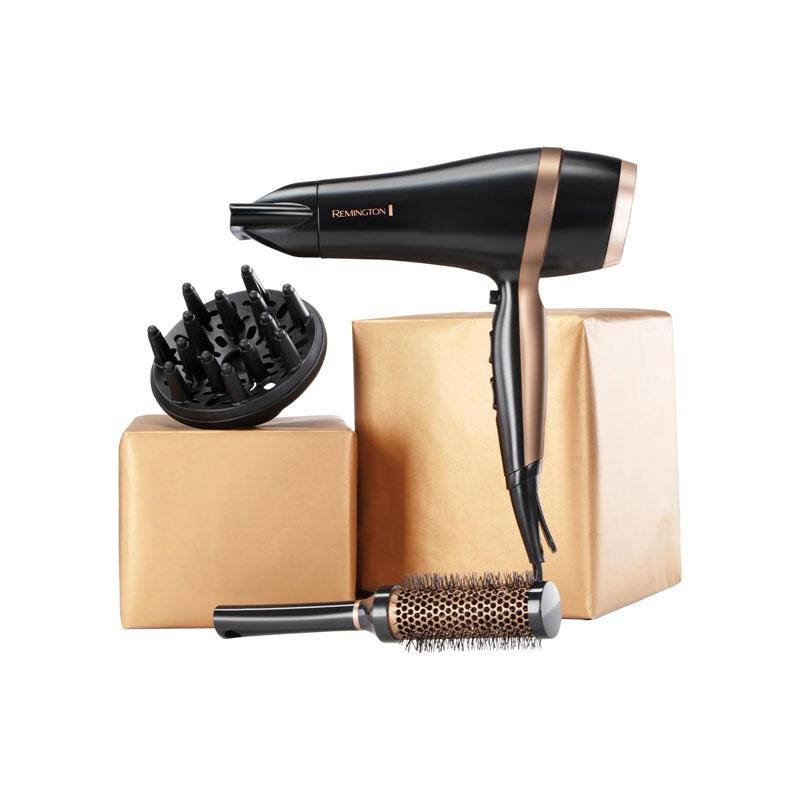 Remington Salon Smooth Hair Dryer 2000W Gift Set With Concentrator & Diffuser Ceramic Ionic Grille 3 Heat & 2 Speed Settings Cool Shot Round Brush Black