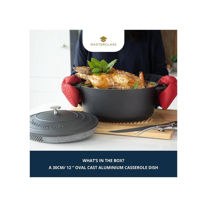 MasterClass Oval Cast Aluminium Casserole Dish 6 Litres With Self Basting Lid And Strainer Black Secondary image