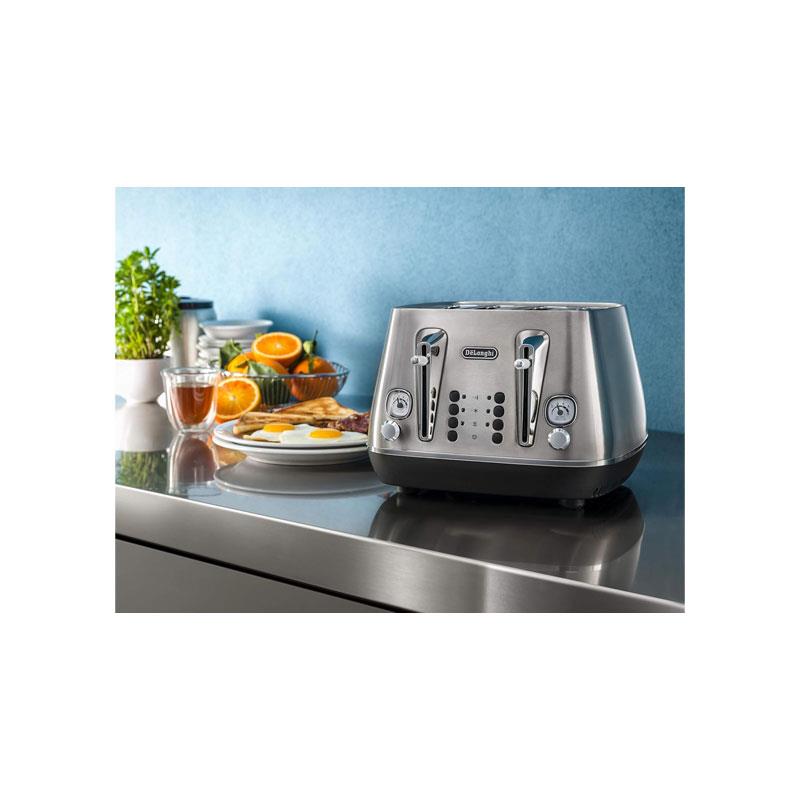 Delonghi Distinta X 4 Slice Toaster Dual Browning Control Reheat/Defrost/Bagel Function Brushed Stainless Steel 1800W Silver