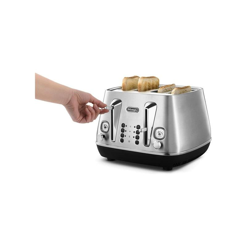 Delonghi Distinta X 4 Slice Toaster Dual Browning Control Reheat/Defrost/Bagel Function Brushed Stainless Steel 1800W Silver