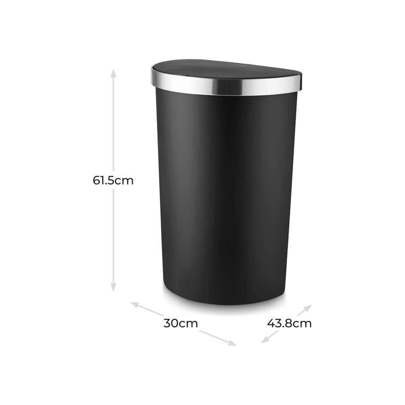Tower Curved Sensor Bin With Bin Liner Retainer Ring Durable PP Body Battery Operated Stainless Steel Trim Lid 50 Litres Black