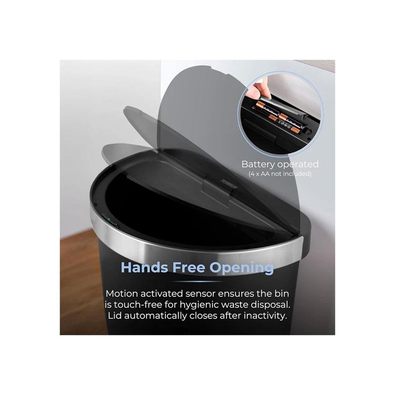 Tower Curved Sensor Bin With Bin Liner Retainer Ring Durable PP Body Battery Operated Stainless Steel Trim Lid 50 Litres Black