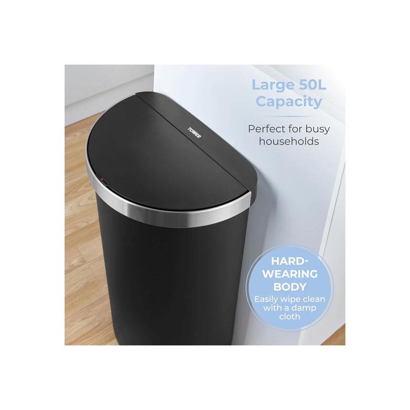 Tower Curved Sensor Bin With Bin Liner Retainer Ring Durable PP Body Battery Operated Stainless Steel Trim Lid 50 Litres Black