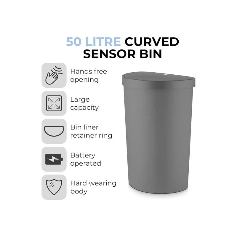 Tower Curved Sensor Bin 50 Litres With Bin Liner Retainer Ring Durable PP Body Battery Operated Grey