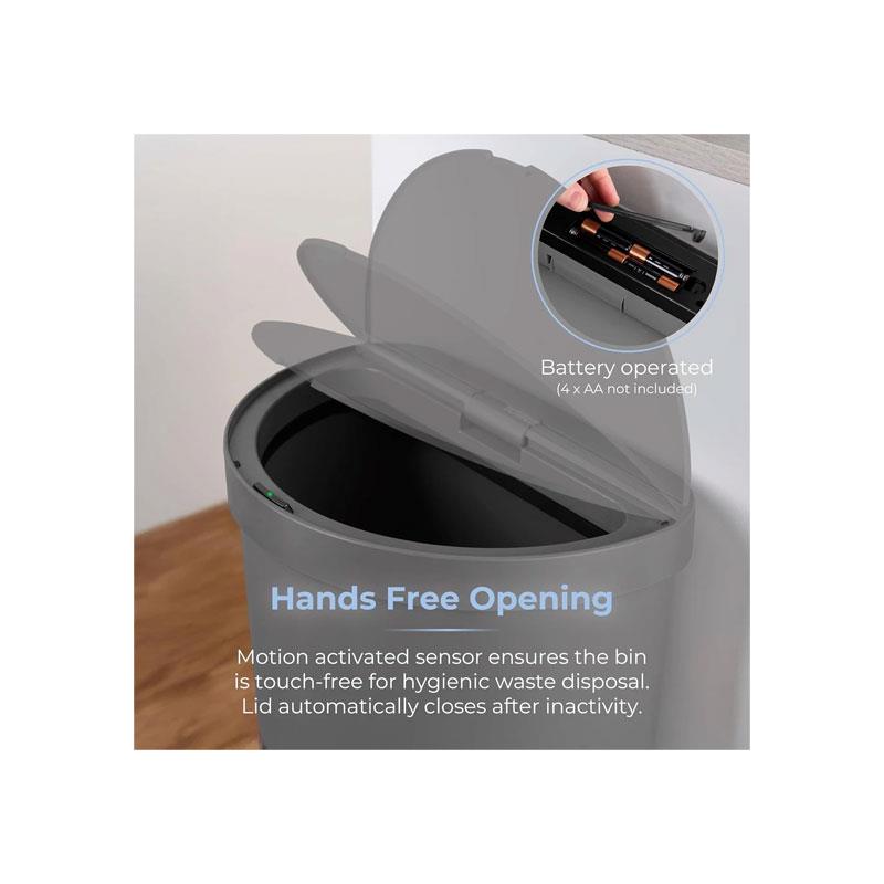 Tower Curved Sensor Bin 50 Litres With Bin Liner Retainer Ring Durable PP Body Battery Operated Grey