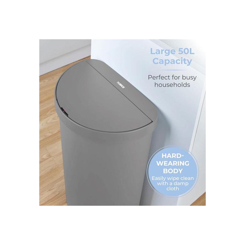 Tower Curved Sensor Bin 50 Litres With Bin Liner Retainer Ring Durable PP Body Battery Operated Grey