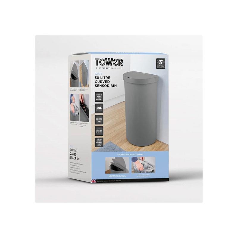 Tower Curved Sensor Bin 50 Litres With Bin Liner Retainer Ring Durable PP Body Battery Operated Grey