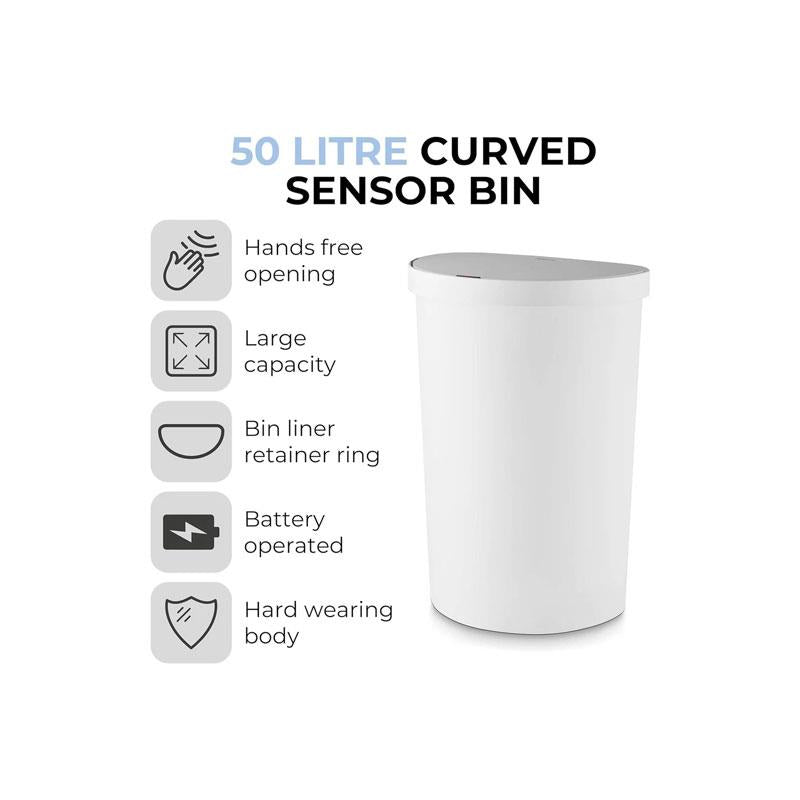 Tower Curved Sensor Bin 50 Litres With Bin Liner Retainer Ring Durable PP Body Battery Operated White