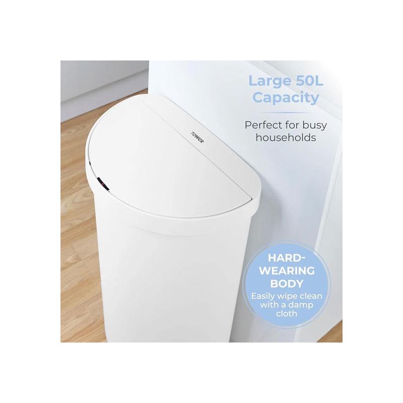 Tower Curved Sensor Bin 50 Litres With Bin Liner Retainer Ring Durable PP Body Battery Operated White