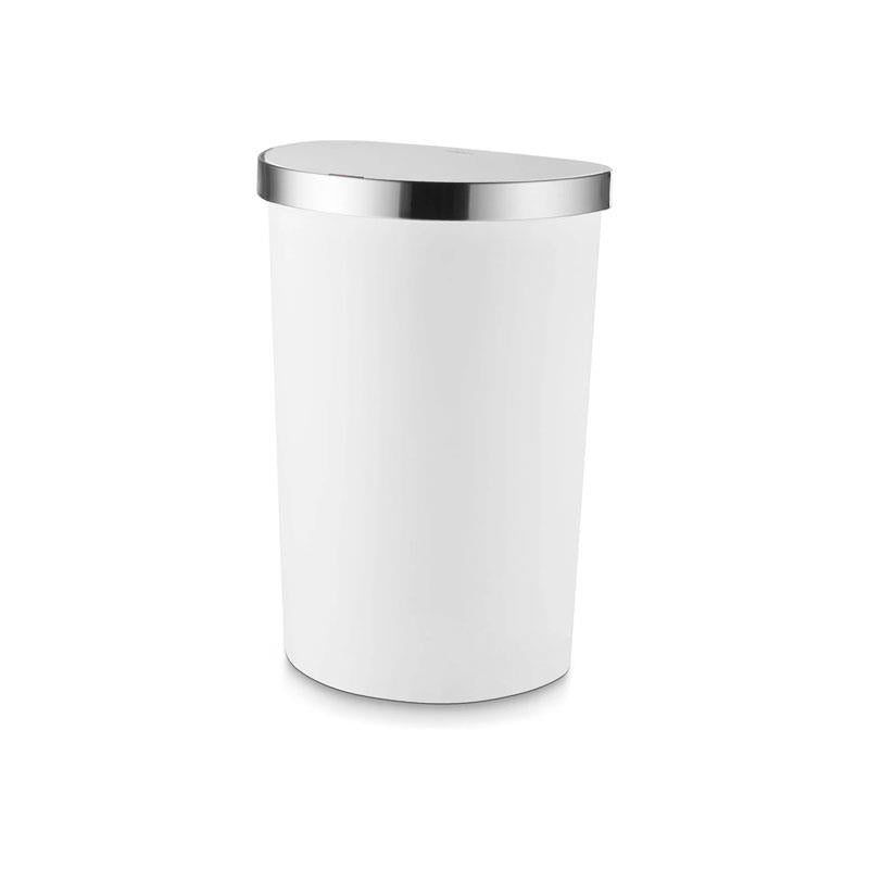 Tower Curved Sensor Bin With Bin Liner Retainer Ring Durable PP Body Battery Operated Stainless Steel Trim Lid 50 Litres White