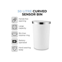 Tower Curved Sensor Bin With Bin Liner Retainer Ring Durable PP Body Battery Operated Stainless Steel Trim Lid 50 Litres White