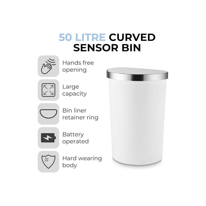 Tower Curved Sensor Bin With Bin Liner Retainer Ring Durable PP Body Battery Operated Stainless Steel Trim Lid 50 Litres White