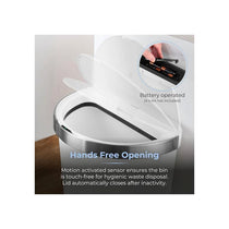 Tower Curved Sensor Bin With Bin Liner Retainer Ring Durable PP Body Battery Operated Stainless Steel Trim Lid 50 Litres White