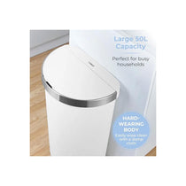 Tower Curved Sensor Bin With Bin Liner Retainer Ring Durable PP Body Battery Operated Stainless Steel Trim Lid 50 Litres White