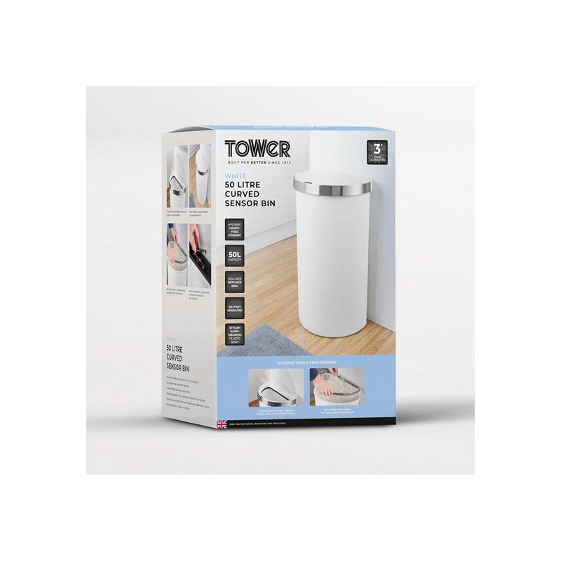 Tower Curved Sensor Bin With Bin Liner Retainer Ring Durable PP Body Battery Operated Stainless Steel Trim Lid 50 Litres White