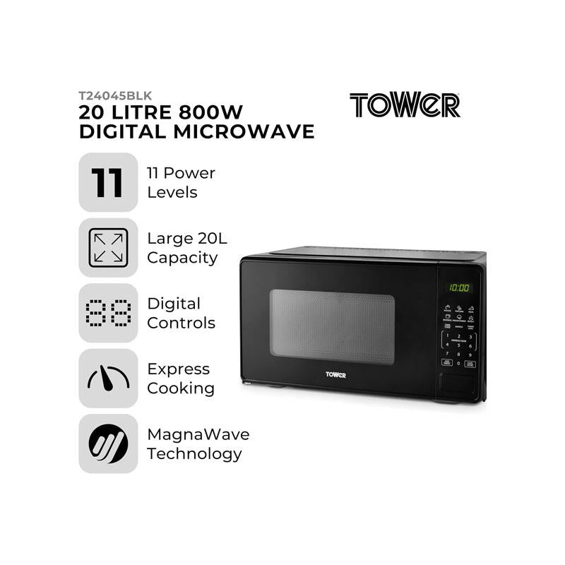 Tower Digital Microwave 11 Power Levels 6 Auto Cook Pre-Sets LED Display Express Cooking Mode 800W 20 Litres Black