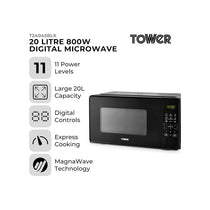 Tower Digital Microwave 11 Power Levels 6 Auto Cook Pre-Sets LED Display Express Cooking Mode 800W 20 Litres Black