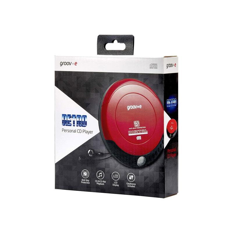 Groov-e Retro Series Personal CD Player CD-R & CD-RW Playback Earphones Included Micro-USB Battery Powered Red