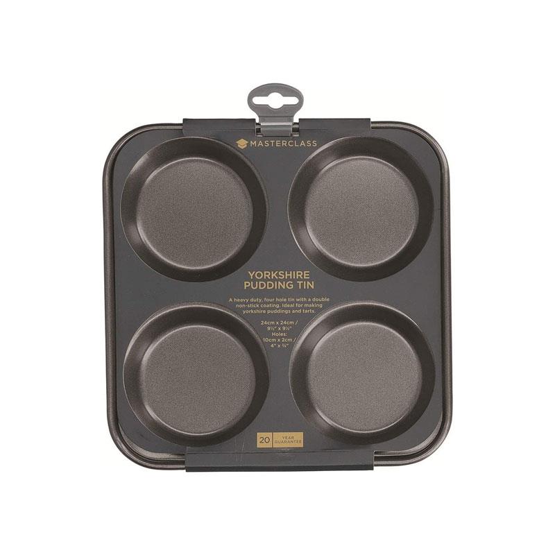 MasterClass 4 Hole Yorkshire Pudding Pan 24cm Baking Tray PFOA Non Stick Carbon Steel Grey