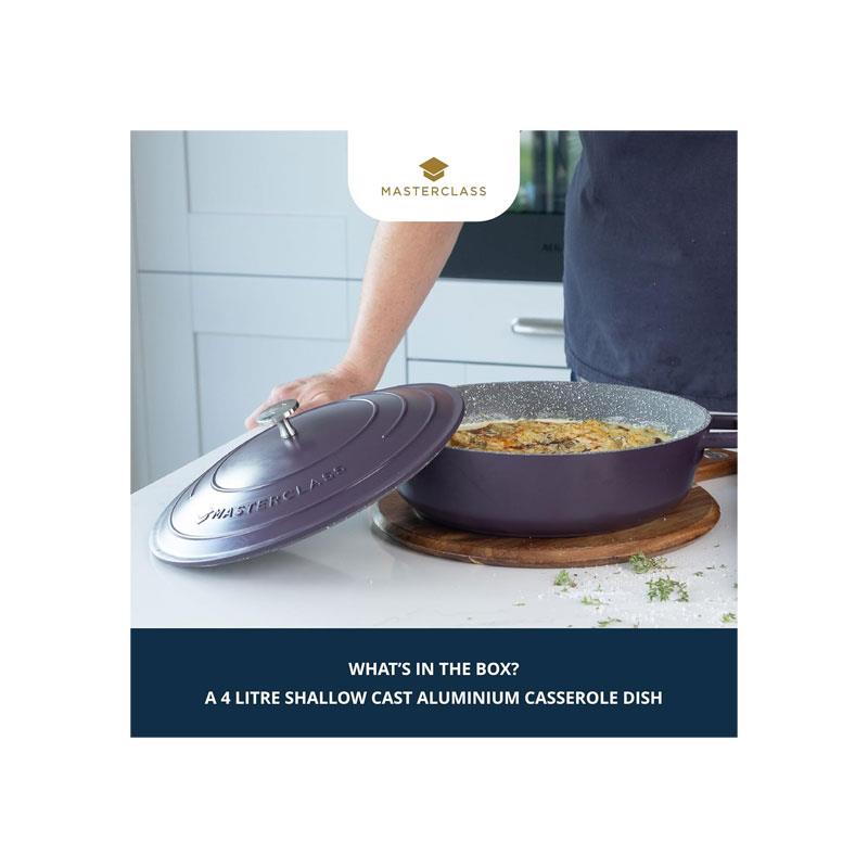 MasterClass Shallow Casserole Dish 28cm/4 Litres Non-Stick Aluminium Casserole With Lid Purple