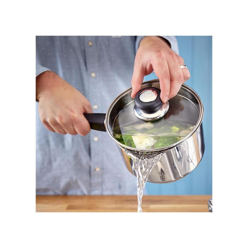 Judge Vista Draining Saucepan 18cm/2.1 Litres With Shatterproof Glass Strain And Pouring Lip Large Stainless Steel Silver