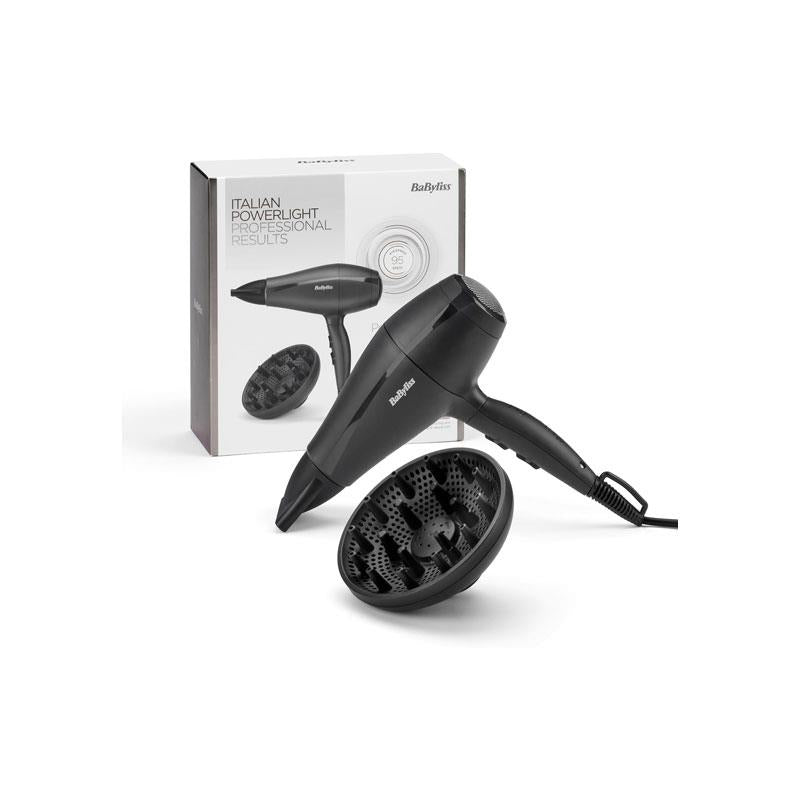 BaByliss Power Light Hair Dryer 2000W With Diffuser 3 Heat 2 Speed Settings High-Speed Airflow Black