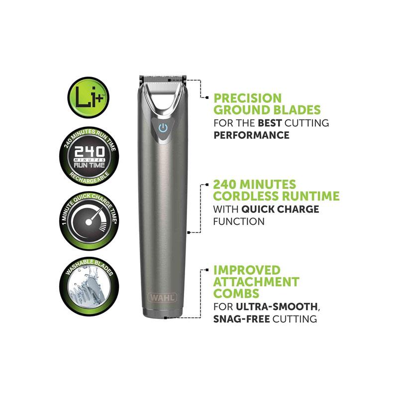 Wahl Stainless Steel Stubble And Beard Trimmer Rechargeable Washable Head Male Grooming Set Silver Secondary image