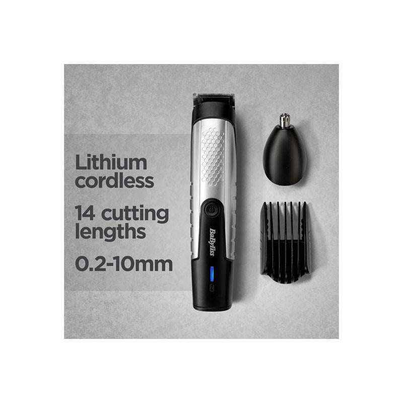 BaByliss Lithium Power Beard Trimmer Cordless Grooming Kit Nose And Ear Trimmer 14 Cutting Lengths 0.5–10mm Stainless Steel Blades Black