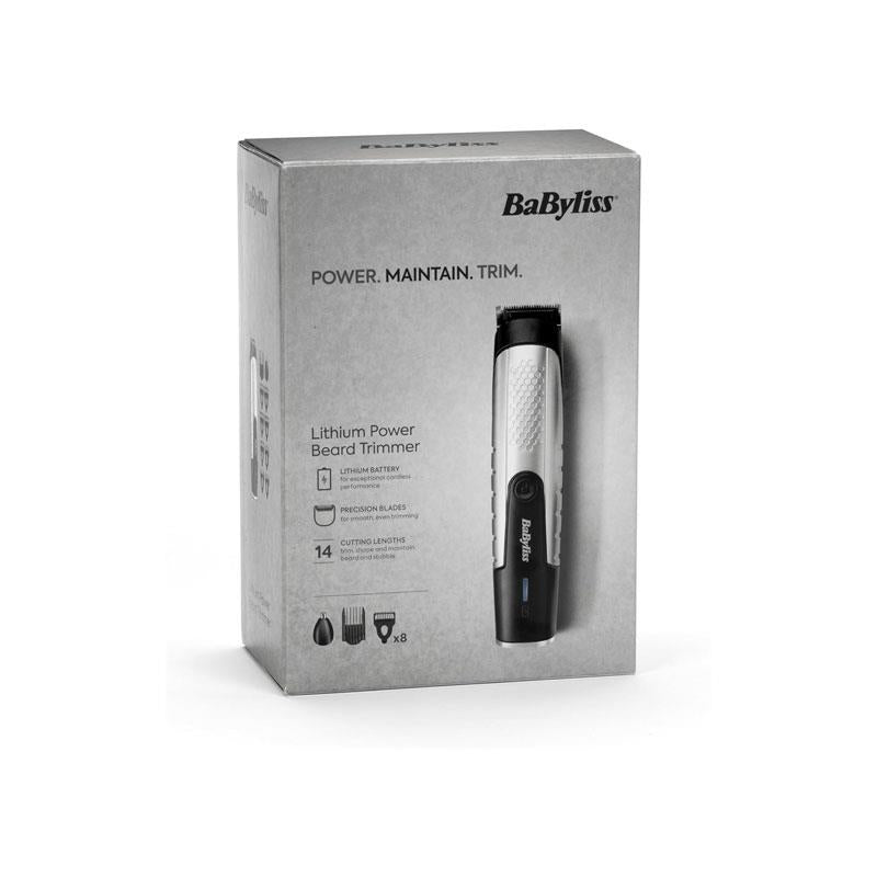 BaByliss Lithium Power Beard Trimmer Cordless Grooming Kit Nose And Ear Trimmer 14 Cutting Lengths 0.5–10mm Stainless Steel Blades Black