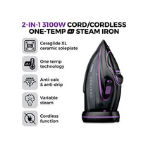 Tower Ceraglide XL Cordless Steam Iron One Temp Technology Ceramic Soleplate Ant-Drip Anti Calc Functions 3100W 350ml Water Tank Lilac And Black