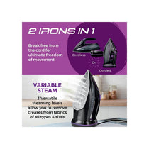 Tower Ceraglide XL Cordless Steam Iron One Temp Technology Ceramic Soleplate Ant-Drip Anti Calc Functions 3100W 350ml Water Tank Lilac And Black