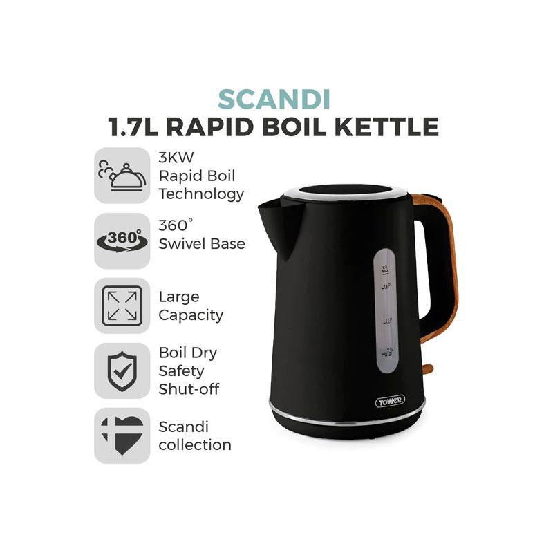 Tower Scandi Style Electric Cordless Jug Kettle With Rapid Boil 3000W 1.7 Litre Black
