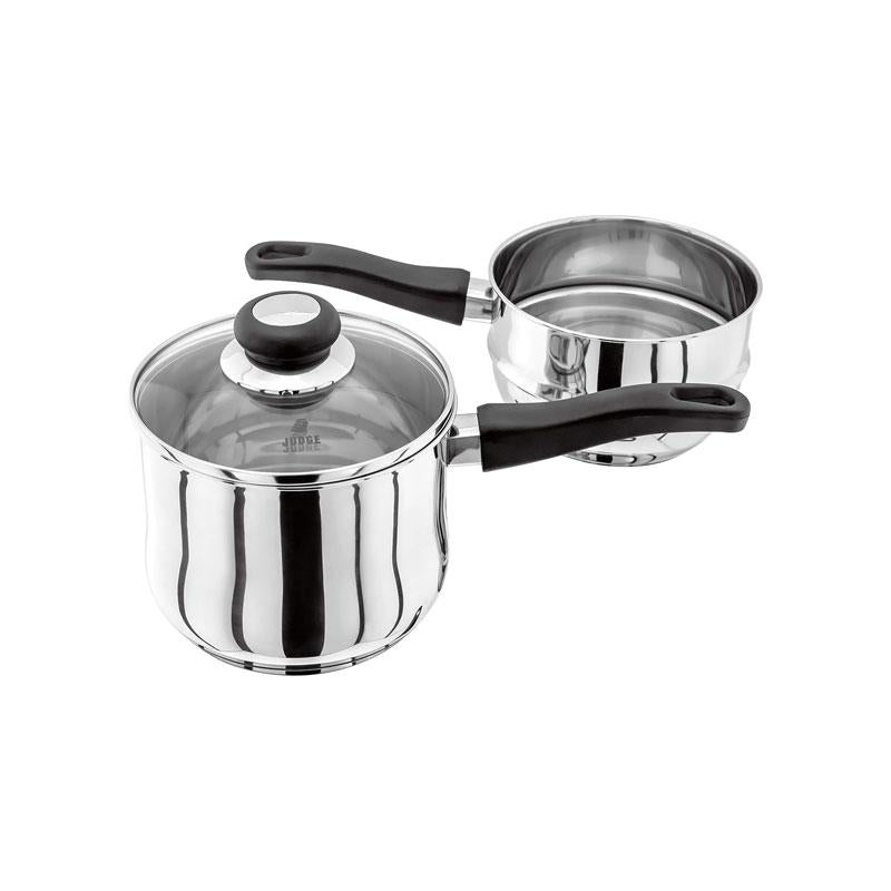 Judge Vista Porringer/Double Boiler/Bain Marie Saucepan And Base 16cm/1.5 Litres Stainless Steel Shatterproof Vented Glass Lid Silver