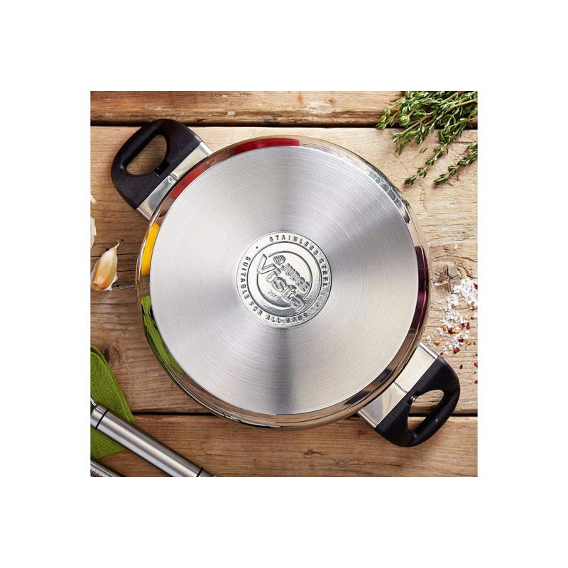 Judge Vista Shallow Casserole Frying Pan 28cm Large Non-Stick Stainless Steel With Shatterproof Glass Lid Silver